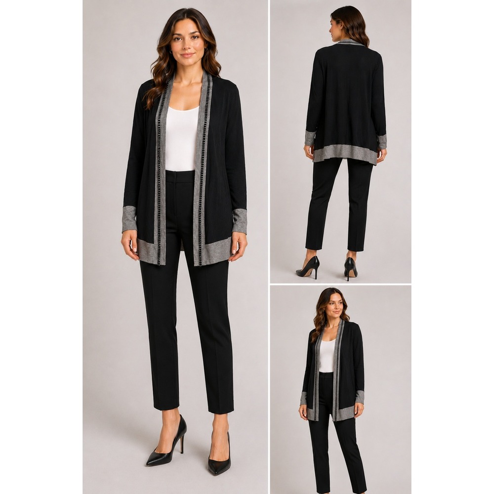 Erin Kleinberg Small Black Grey Chain Trim Lyocell Longline‎ Cardigan Duster